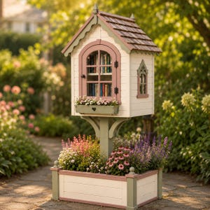 Bauplan für eine kleine, kostenlose Bibliothek im Landhausstil zum Selbermachen | Holzbearbeitungsplan mit Pflanzkasten | PDF-Download