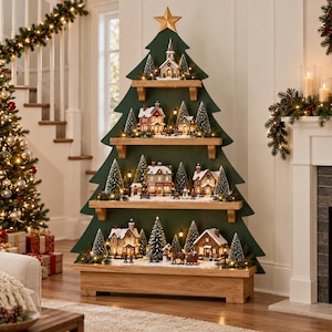 Puede incluir: Una estantería de madera grande en forma de árbol de color verde oscuro con cuatro estantes horizontales de madera clara. Cuenta con una estrella dorada en la parte superior y está decorada con casas de pueblo navideñas iluminadas.