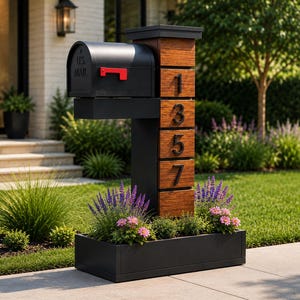 May include: A black metal post box with a red flag and the text U.S. MAIL, mounted on a vertical wooden post featuring the black house numbers 1357. The base includes a rectangular black planter box filled with purple lavender and pink flowers.