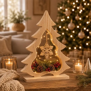 Puede incluir: Una silueta de árbol de Navidad de madera clara sobre una base rectangular. El centro presenta un adorno de copo de nieve de madera colgante, agujas de pino verdes, piñas marrones y bayas rojas, todo iluminado por finas luces de cadena.