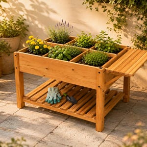 Könnte beinhalten: Ein rechteckiges Hochbeet aus Holz mit vier unterteilten Pflanzbereichen, die verschiedene grüne Kräuter und gelbe Blumen enthalten. Die Konstruktion verfügt über eine untere Ablage aus Holzlatten mit Gartenhandschuhen und einer kleinen Schaufel.