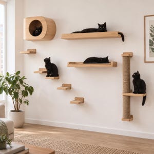 May include: A wall-mounted cat furniture set made of light-colored wood, featuring a rounded cubby, several rectangular floating shelves, and a vertical scratching post wrapped in sisal rope, with five black cats resting on the various levels.