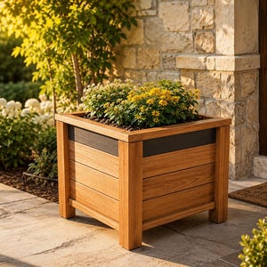 May include: A square wooden planter box featuring horizontal slats and a dark grey upper trim. The planter is filled with dark soil and a cluster of small yellow and white flowers, standing on four sturdy corner posts on a stone patio.