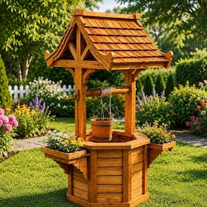 May include: A wooden wishing well featuring an octagonal base, a shingled roof, and two side planters. A small wooden bucket hangs from a central horizontal beam by a rope. The structure is crafted from light brown wood with visible grain patterns.