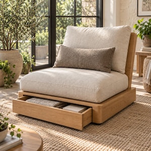 May include: A low-profile armless chair with a light beige upholstered seat and backrest, featuring a dark brown rectangular lumbar pillow. The base is constructed from light-toned wood and includes a pull-out storage drawer containing items.
