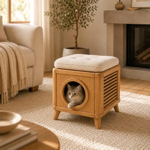 Könnte beinhalten: Ein quadratisches Haustierhaus aus Holz mit einem hellen, gesteppten Kissen auf der Oberseite. Die Struktur verfügt über eine kreisförmige Öffnung an der Vorderseite, in der eine graue Katze ruht, sowie über seitliche Paneele mit Lamellen.