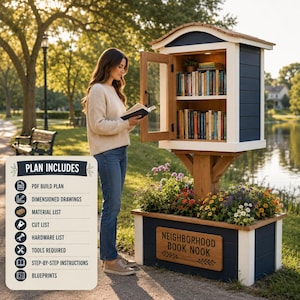 Puede incluir: Una estructura de madera para libros con exterior azul oscuro y blanco, que cuenta con un gabinete superior acristalado lleno de libros y una jardinera inferior. Un letrero dice NEIGHBORHOOD BOOK NOOK. Incluye un plan de construcción en PDF.