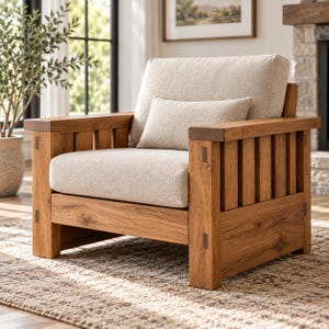 Puede incluir: Un sillón con estructura de madera de color marrón medio con vetas visibles y laterales de listones verticales. El asiento y el respaldo están tapizados en tela de color beige claro, con un cojín lumbar rectangular a juego en el centro.