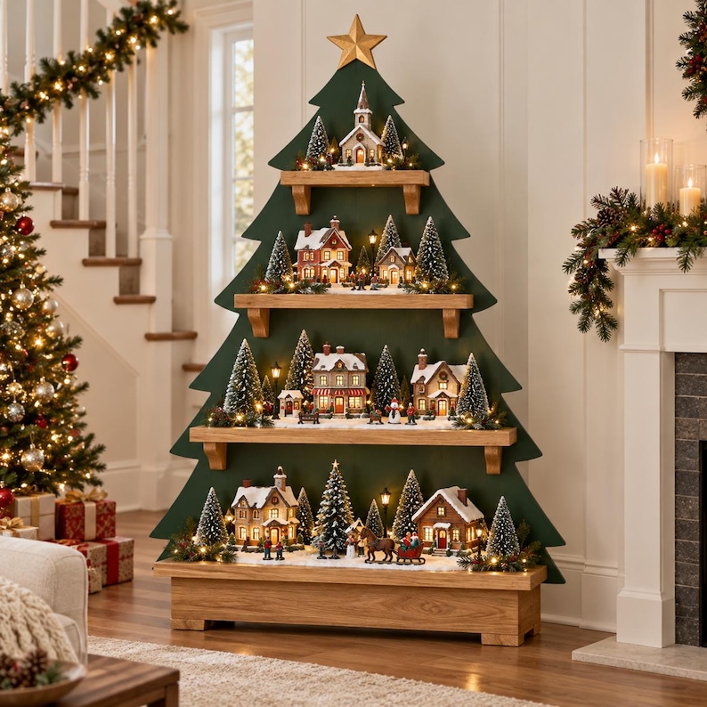 DIY Wooden Christmas Village Display Tree | Holiday Shelf Plans ...
