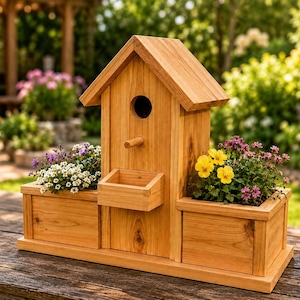May include: A light brown wooden birdhouse featuring a central gabled roof structure with a circular entrance hole and a small perch. Two rectangular planter boxes are attached to the sides, currently filled with white, purple, and yellow flowers.
