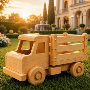 May include: A light-coloured wooden toy lorry featuring a flatbed cargo area with slatted sides. The vehicle has a simple cabin design with open windows and four circular wheels. The natural wood grain is visible across the entire structure.