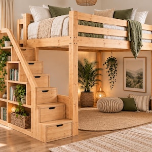May include: A light-colored wooden loft bed featuring a built-in staircase with integrated storage drawers and open shelving units. The elevated sleeping platform includes safety rails, while the space underneath provides an open area.