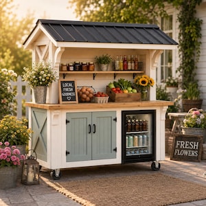 Puede incluir: Un carrito de servicio exterior blanco y verde salvia con techo de metal negro, que cuenta con encimera de madera, dos armarios, una nevera para bebidas con puerta de cristal y un estante abierto con tarros, pizarra y productos frescos.