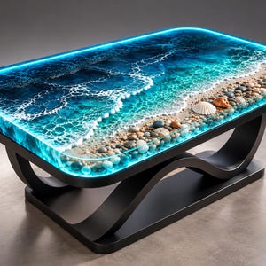May include: A rectangular coffee table featuring a resin tabletop with a realistic ocean wave design, including white foam, turquoise water, and a shoreline of smooth pebbles and seashells, supported by a black curved base with LED lighting.