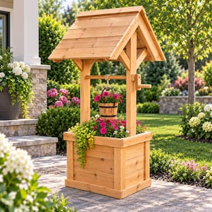 May include: A light brown wooden wishing well planter featuring a gabled roof, a side crank handle, and a central support beam. A small wooden bucket filled with pink flowers hangs from the beam, while the base planter contains pink flowers.