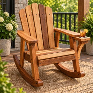 Puede incluir: Una mecedora de madera con un respaldo alto de listones en varios tonos de veta de madera natural, apoyabrazos anchos y una mesa lateral integrada en el brazo derecho. La silla tiene balancines curvos y un asiento horizontal.