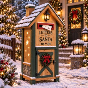 May include: A wooden Letters to Santa mailbox with a peaked roof covered in snow, a black lantern, a red mail slot, and a small wreath on the door. The natural wood structure features dark green trim, star-shaped cutouts, and stone accents.