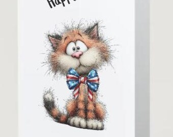 Kitten 4th of July Card, Fluffy Cat Patriotic Bow-tie (Instant Download)