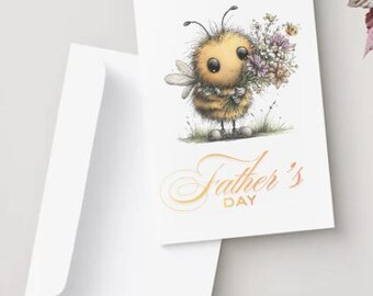 Fluffy Bee Father's Day Card, A5 Portrait Greeting, Watercolor Illustration (Digital Download)
