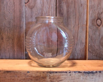 Glass Fish Bowl Mid Century Ribbed Small Fish Tank Round Circle Vintage 1950s 50s (K)