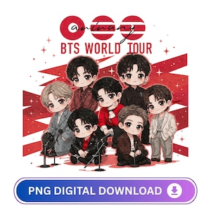 Könnte beinhalten: Digitaler Download-Grafik mit sieben Cartoon-Figuren in verschiedenen Outfits. Das Bild hat einen rot-weißen Hintergrund mit dem Text "BTS WORLD TOUR" und dem Wort "ordinary" über dem Text. Das Bild enthält auch den Text "PNG DIGITAL DOWNLOAD".