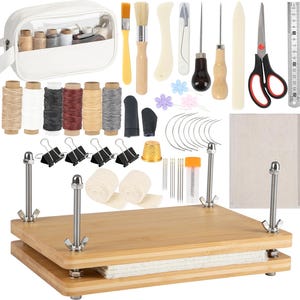 May include: A bookbinding kit featuring a bamboo press with metal hardware, a white storage bag, six spools of thread, various needles, scissors, a metal ruler, a thimble, binder clips, brushes, and tools for folding and punching paper.