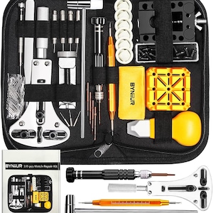 May include: A black zippered case containing a 155-piece watch repair kit. The kit includes various tools like screwdrivers, spring bar tools, and a watch holder. A small instruction manual is also included, with the text "BYNIIR 155 pcs Watch Repair Kit".