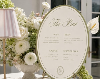 Menú de bar para bodas en verde salvia, cartel ovalado editable para bar, decoración elegante para la recepción, descarga instantánea.