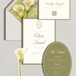 May include: A wedding invitation suite featuring cream and sage green cards with calla lily illustrations. The set includes a main invitation, a response card with a QR code, a details card, and an envelope with a floral liner, all with elegant serif typography.