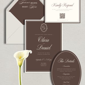 May include: Elegant wedding invitation suite in brown and cream. Includes an invitation, RSVP card, details card, and envelope. The invitation features the names Olivia and Daniel, with the date and time of the ceremony.