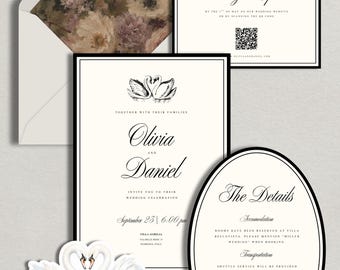 Elegant Black Wedding Invitation Suite, Editable Canva Template, Swan Wedding Invite Set, Old Money Wedding, Instant Download
