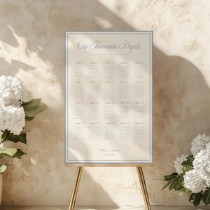 May include: A rectangular wedding seating chart sign with a light beige background and a thin blue border. The text reads Our Favourite People, Please Find Your Seat, followed by twenty table lists, and the names Claire & Daniel with the date 12.09.2025.