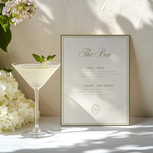 Sage Green Bar Menu Template, Editable Canva Sign, Elegant Reception Dinner Decor, Instant Download