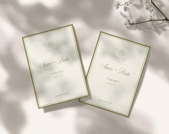 Sage Green Save the Date Hochzeitskarte, bearbeitbare Canva-Vorlage, elegante minimalistische Ankündigung, sofortiger Download