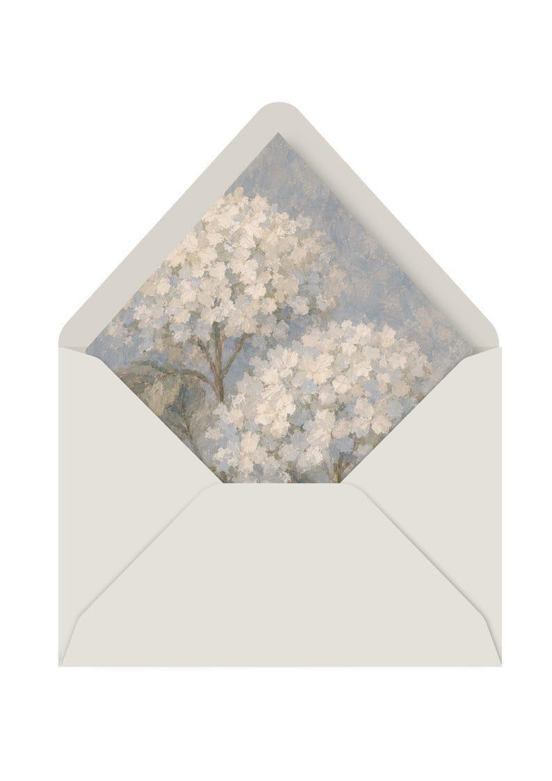 May include: A light gray envelope with a triangular flap, featuring an interior liner printed with an impressionistic painting of white hydrangea flowers against a soft, muted blue and gray background, showcasing textured brushstrokes.