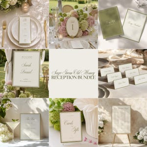 Può includere: Un set di cancelleria per ricevimenti nuziali in verde salvia e crema con bordi dorati. Include menu, numero di tavolo, cartello di benvenuto, segnaposto, menu del bar, cartello per regali e un tableau de mariage con elegante carattere serif.