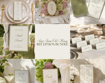 May include: A wedding reception stationery bundle featuring sage green and cream paper goods with gold borders. Includes a menu, table number, welcome sign, place cards, bar menu, cards and gifts sign, and seating chart with elegant serif typography.