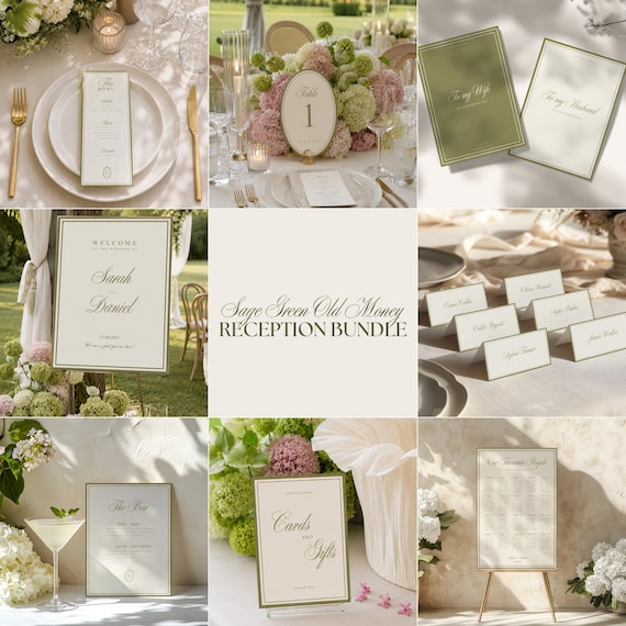Sage Green Wedding Reception Bundle, Editable Wedding Signs & Stationery, Old Money Wedding Decor, Printable Canva Templates