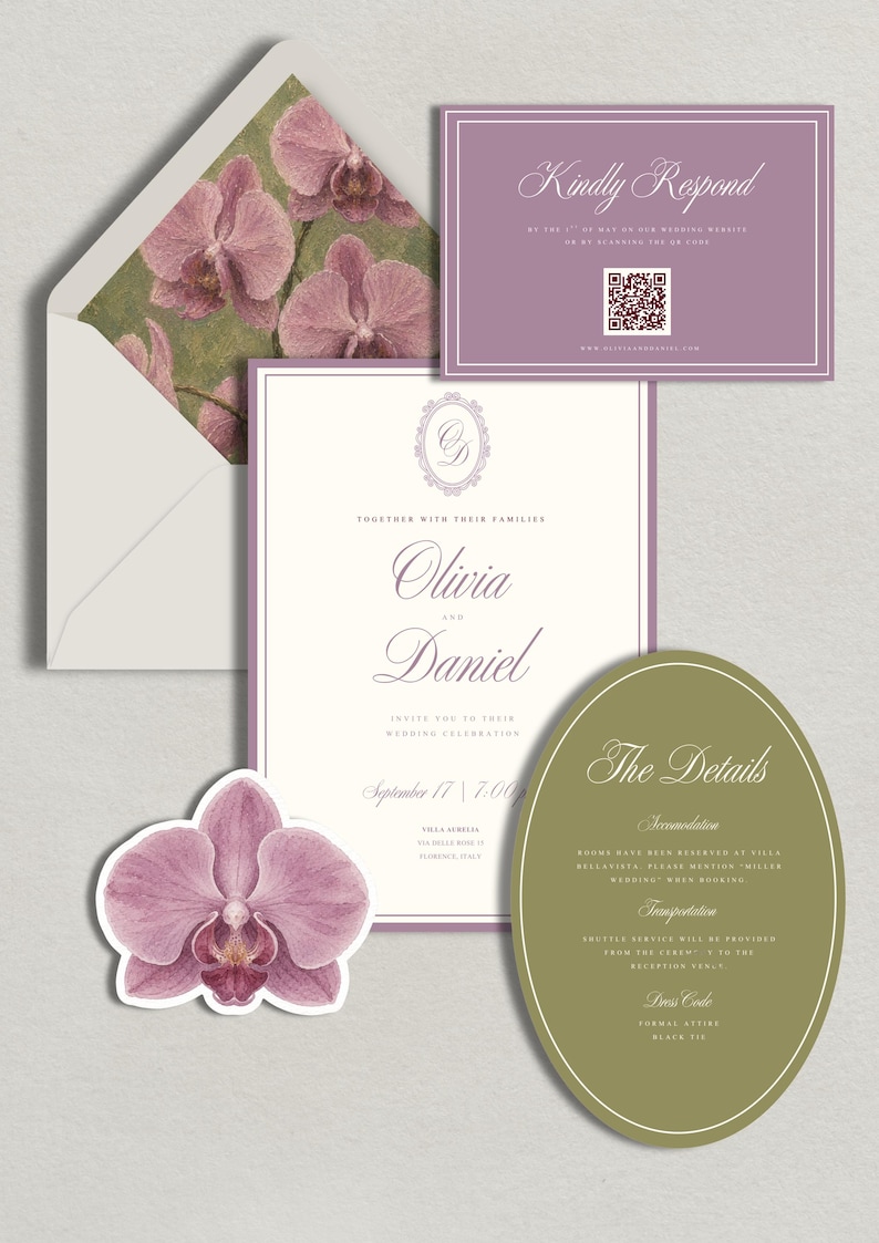 Conjunto de invitaciones de boda color malva, plantilla editable de Canva, invitación de boda orquídea, elegante diseño floral, descarga instantánea. imagen 1