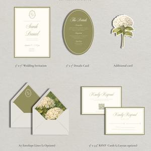 May include: An invitation suite with a wedding theme. Includes a 5" x 7" wedding invitation, a 5" x 7" details card, an additional card, A7 envelope liners, and 5" x 3.5" RSVP cards. The text "What's included" is at the top.