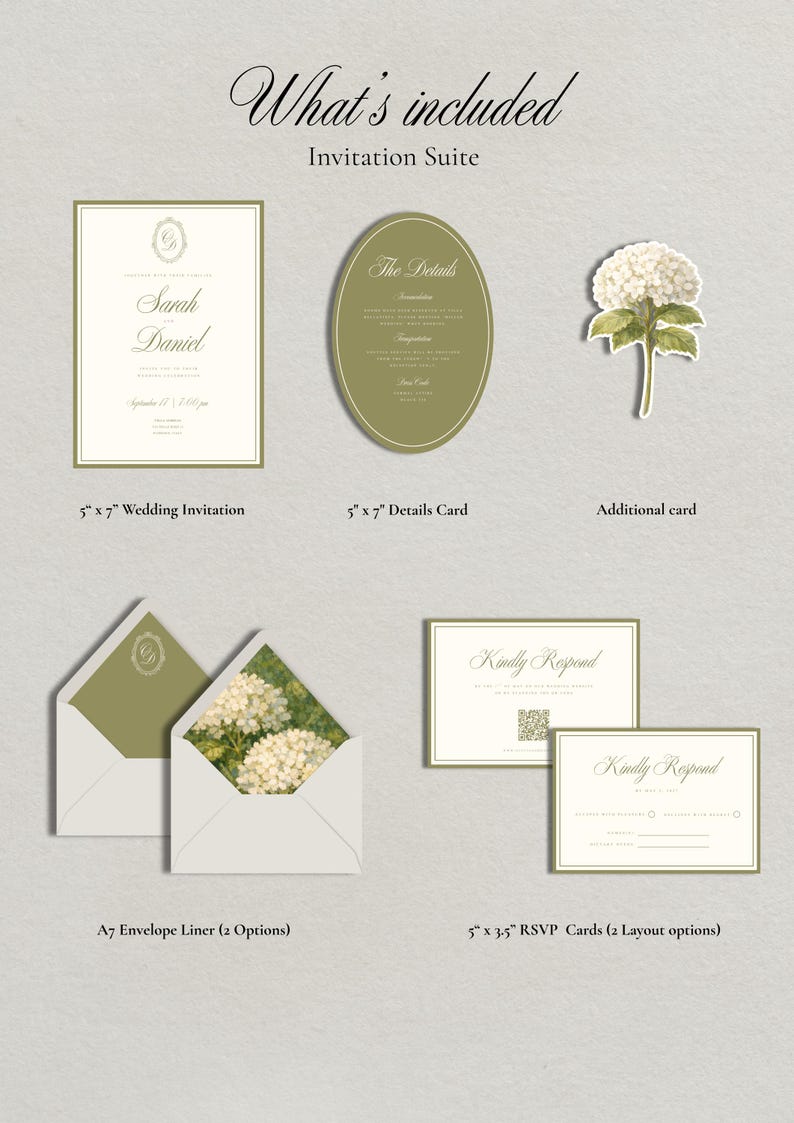 May include: An invitation suite with a wedding theme. Includes a 5" x 7" wedding invitation, a 5" x 7" details card, an additional card, A7 envelope liners, and 5" x 3.5" RSVP cards. The text "What's included" is at the top.