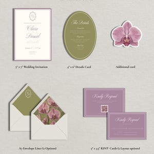 Puede incluir: Un conjunto de invitaciones de boda que incluye una invitaci&oacute;n de 12,7x17,8 cm, una tarjeta de detalles ovalada de 10,2x15,2 cm, una tarjeta de orqu&iacute;dea troquelada, dos forros de sobre A7 y dos tarjetas RSVP de 12,7x8,9 cm con c&oacute;digo QR.
