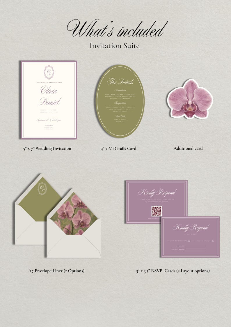 Puede incluir: Un conjunto de invitaciones de boda que incluye una invitaci&oacute;n de 12,7x17,8 cm, una tarjeta de detalles ovalada de 10,2x15,2 cm, una tarjeta de orqu&iacute;dea troquelada, dos forros de sobre A7 y dos tarjetas RSVP de 12,7x8,9 cm con c&oacute;digo QR.