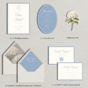 May include: A wedding invitation suite featuring a 5x7 inch invitation, a 4x6 inch oval details card, a floral card, two A7 envelopes with liners, and two 5x3.5 inch RSVP cards. The stationery set uses a light blue and white color palette.