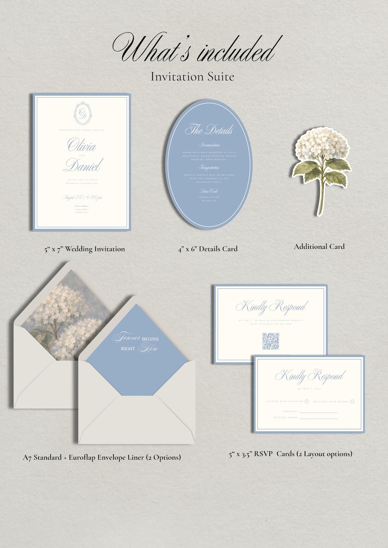 May include: A wedding invitation suite featuring a 5x7 inch invitation, a 4x6 inch oval details card, a floral card, two A7 envelopes with liners, and two 5x3.5 inch RSVP cards. The stationery set uses a light blue and white color palette.