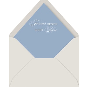 May include: An open light beige envelope containing a light blue card. The card features the white printed text "Forever BEGINS RIGHT Here" in a combination of elegant script and clean sans-serif typography centered on the blue surface.