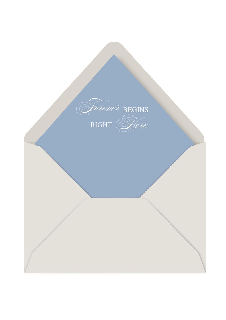 May include: An open light beige envelope containing a light blue card. The card features the white printed text "Forever BEGINS RIGHT Here" in a combination of elegant script and clean sans-serif typography centered on the blue surface.