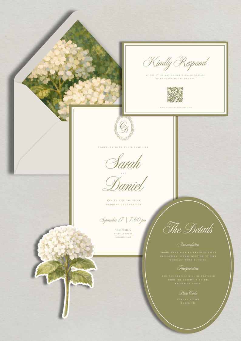 May include: Elegant wedding invitation suite featuring a floral envelope liner, RSVP card, and details card. The main invitation includes the names "Sarah and Daniel" and event details. The design is in shades of green and cream.