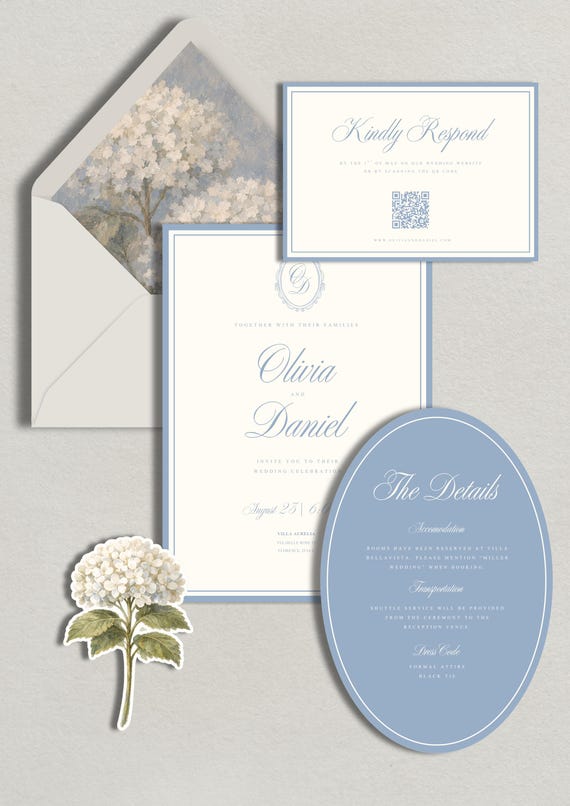 Dusty Blue Wedding Invitation Suite, Editable Canva Template, Hydrangea Wedding Invite, Elegant Floral, Instant Download