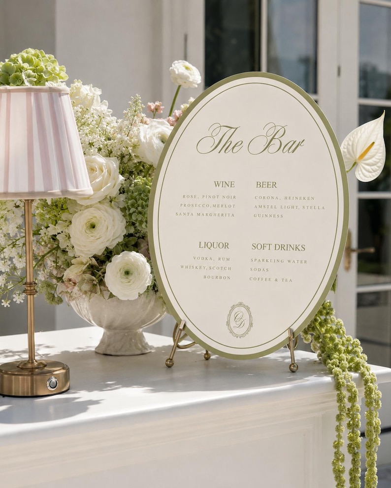 Sage Green Wedding Bar Menu, Editable Oval Bar Sign, Elegant Reception Sage Green Wedding Bar Menu, Editable Oval Bar Sign, Elegant Reception